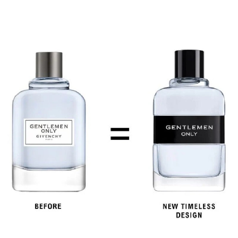 Two bottles of Givenchy Gentlemen Only perfume with a before and after comparison on a white background.