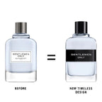 Two bottles of Givenchy Gentlemen Only perfume with a before and after comparison on a white background.