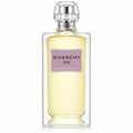 A bottle of Givenchy III Eau de Toilette perfume with a clear glass body, pale yellow liquid, a lavender label, and a silver cap, centered on a white background.
