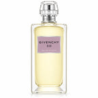 A bottle of Givenchy III Eau de Toilette perfume with a clear glass body, pale yellow liquid, a lavender label, and a silver cap, centered on a white background.
