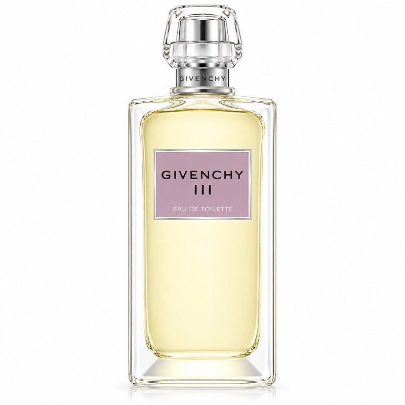 A bottle of Givenchy III Eau de Toilette perfume with a clear glass body, pale yellow liquid, a lavender label, and a silver cap, centered on a white background.