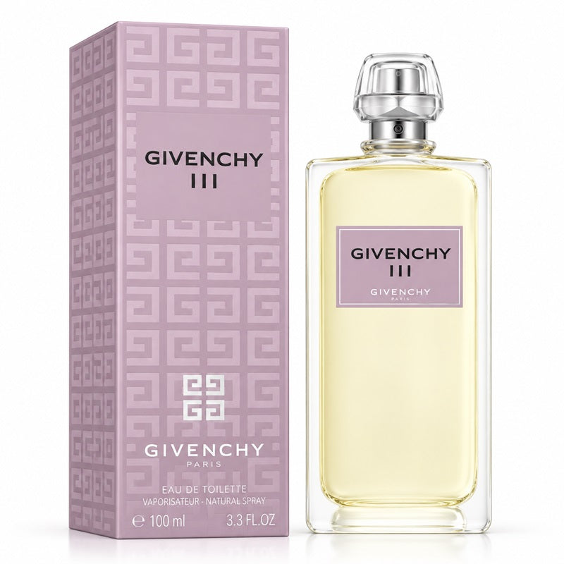 Givenchy III Eau de Toilette perfume bottle and its packaging box, both in a light lavender and pale yellow color scheme with silver caps, on a white background.