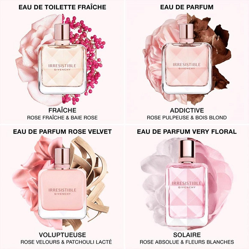Four Givenchy Irresistible perfume bottles with floral designs and names on a white background