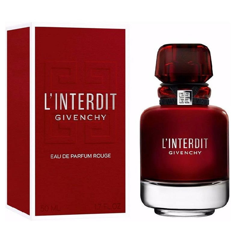 Givenchy L'Interdit Eau de Parfum Rouge bottle and packaging on a white background