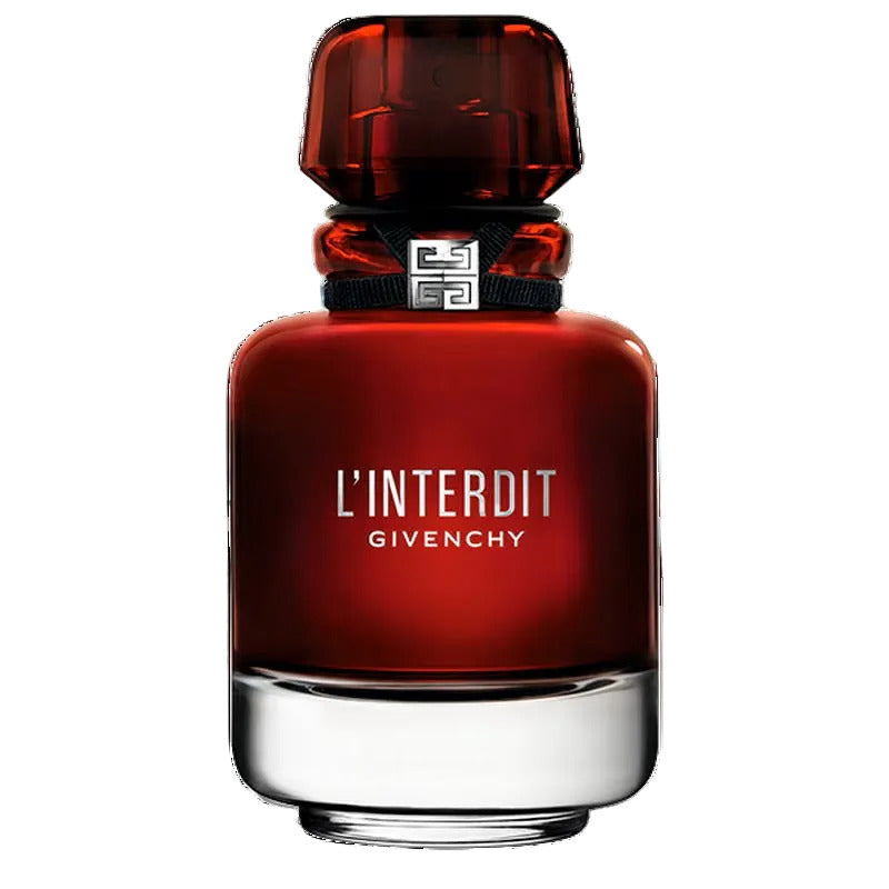 Red Givenchy perfume bottle with a black cap on a white background
