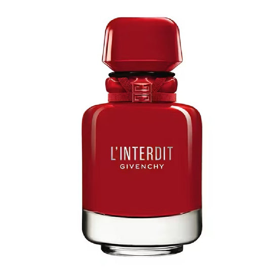 Red Givenchy L'Interdit perfume bottle on a white background