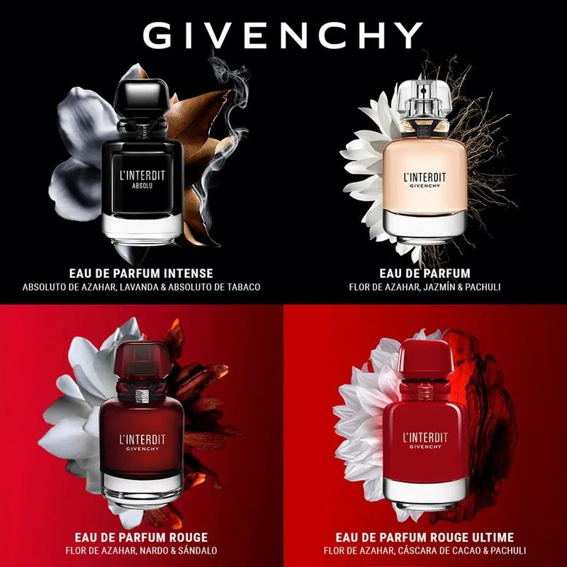 Givenchy perfume bottles with floral elements on a black and red background