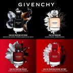 Givenchy perfume bottles with floral elements on a black and red background