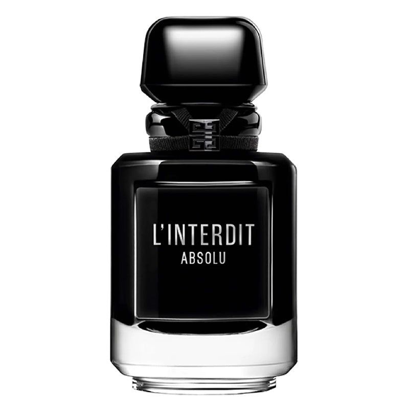 Black perfume bottle labeled 'L'Interdit Absolu' on a white background