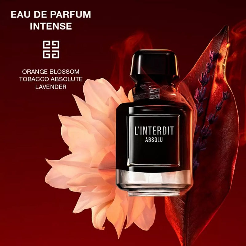 L'Interdit Absolu perfume bottle with floral elements on a dark red background
