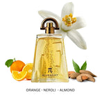 Givenchy perfume bottle with orange, neroli, and almond elements on a white background