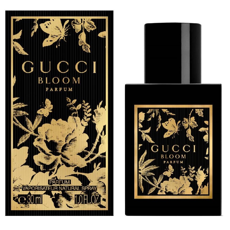 Gucci Bloom Parfum packaging with black and gold design on a white background