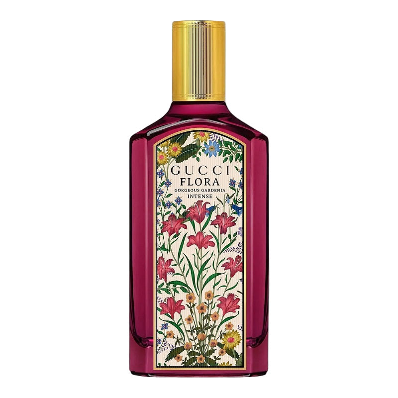 Gucci Flora perfume bottle with floral design on a white background