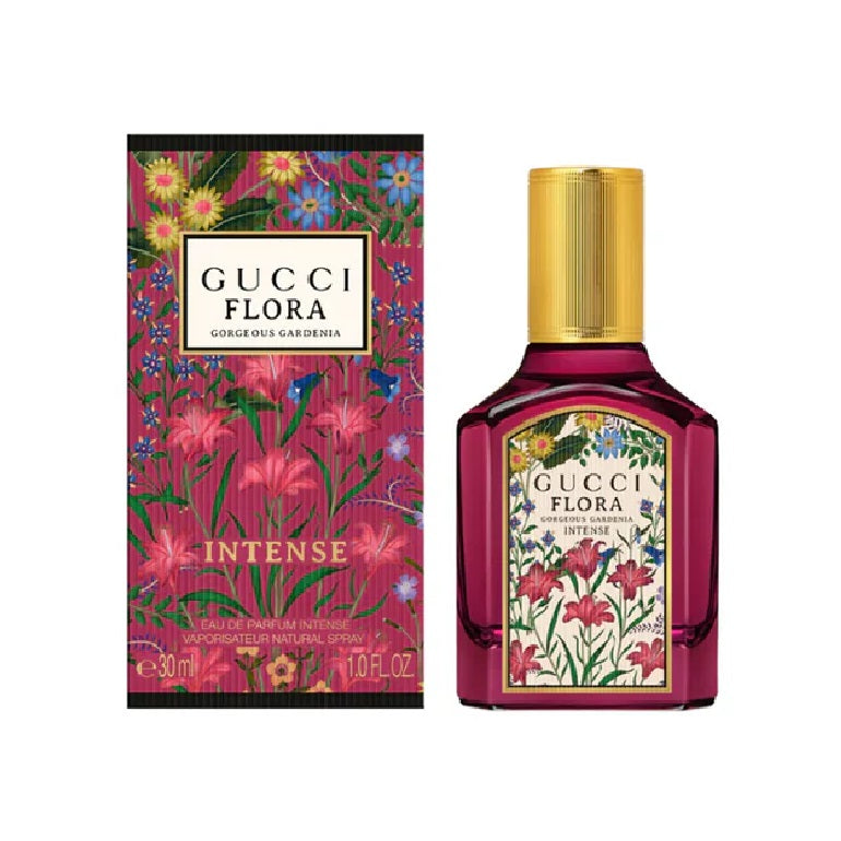 Gucci Flora perfume bottle and packaging with floral design on a white background
