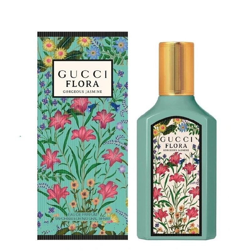 Gucci Flora Gorgeous Jasmine eau de parfum bottle with packaging, featuring floral design and Gucci branding.