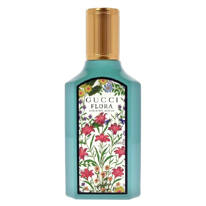 Gucci Flora perfume bottle with floral design on a white background