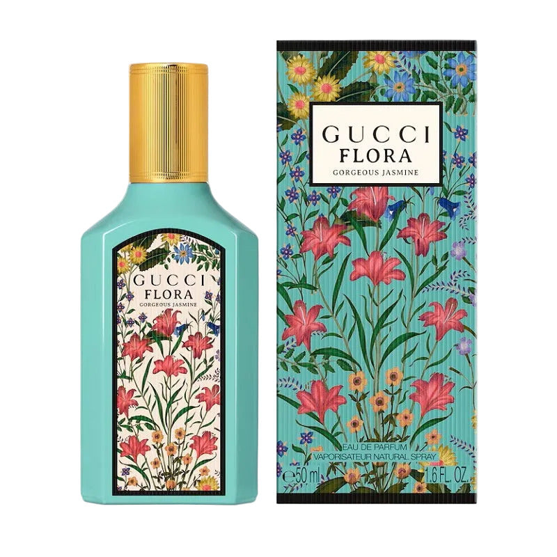 Gucci Flora perfume bottle and packaging with floral design on a light gray background