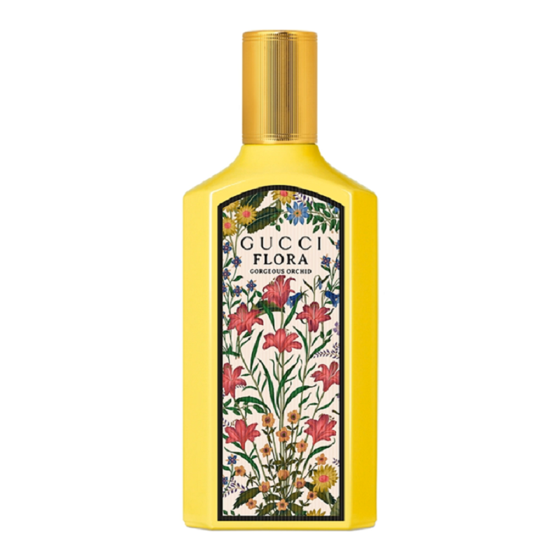 Gucci Flora perfume bottle with floral design on a white background