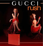 Gucci Rush advertisement with a woman in a red dress and a Gucci bag.
