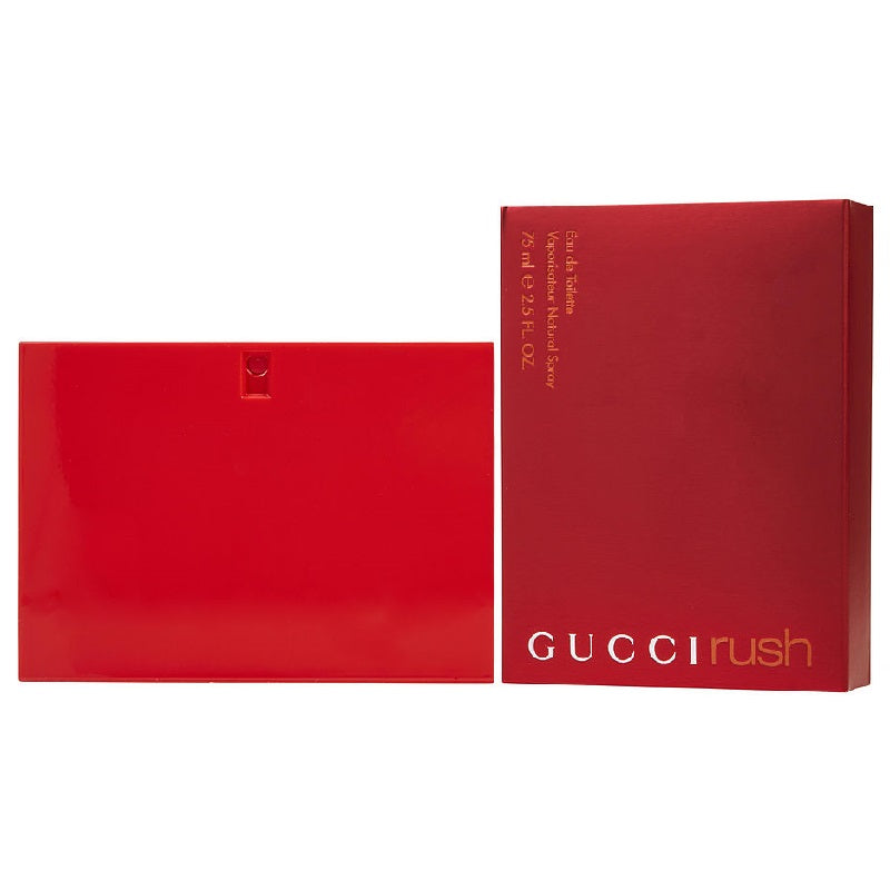 Red Gucci Rush perfume packaging on a white background