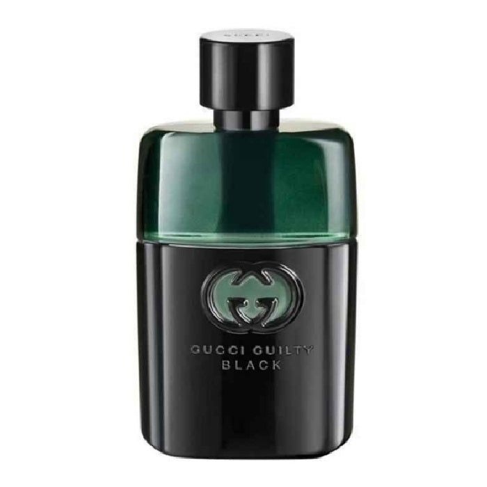 A bottle of Gucci Guilty Black Pour Homme eau de toilette with a black and green color scheme.