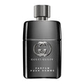 Gucci Guilty Parfum Pour Homme perfume bottle in glossy black with a silver cap and embossed logo, centered on a white background.