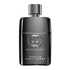 Gucci Guilty Parfum Pour Homme perfume bottle in glossy black with a silver cap and embossed logo, centered on a white background.