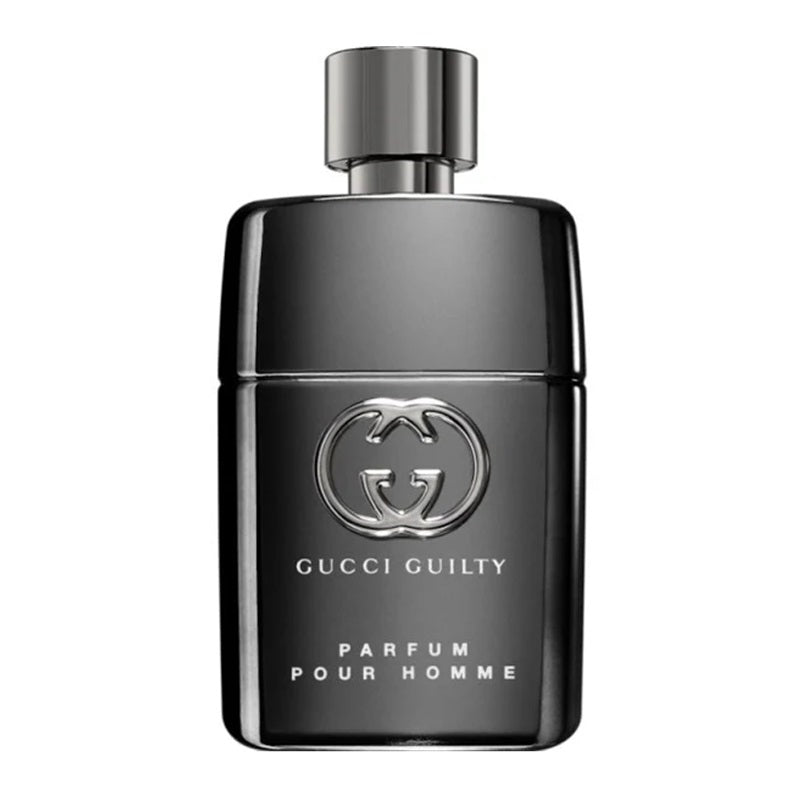 Gucci Guilty Parfum Pour Homme perfume bottle in glossy black with a silver cap and embossed logo, centered on a white background.