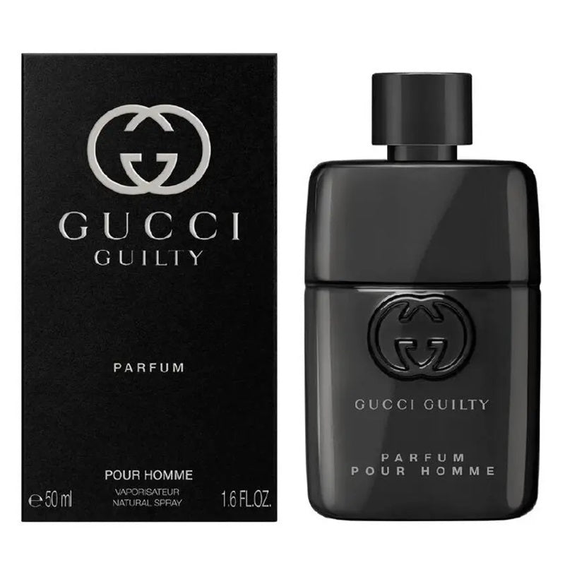 Gucci Guilty Pour Homme perfume shown with its black retail box and a glossy black spray bottle, both featuring the silver and dark gray interlocking G logo.
