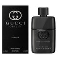 Gucci Guilty Pour Homme perfume shown with its black retail box and a glossy black spray bottle, both featuring the silver and dark gray interlocking G logo.