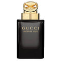 Gucci Intense Oud perfume bottle with gold cap on a white background