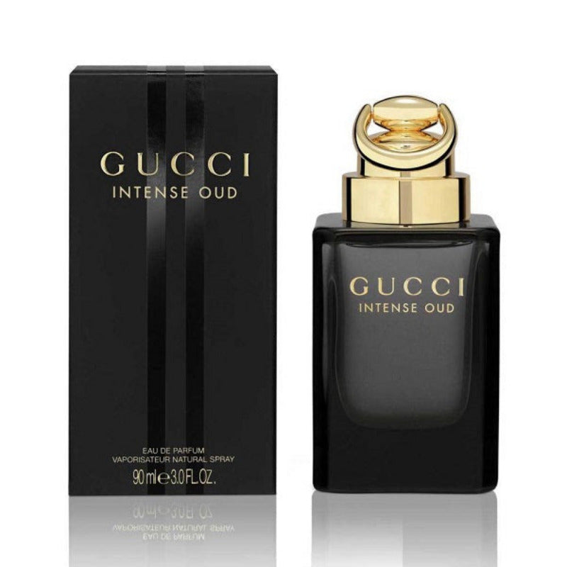 Gucci Intense Oud perfume bottle and packaging on a white background