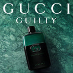 Gucci Guilty perfume bottle on a green marble background