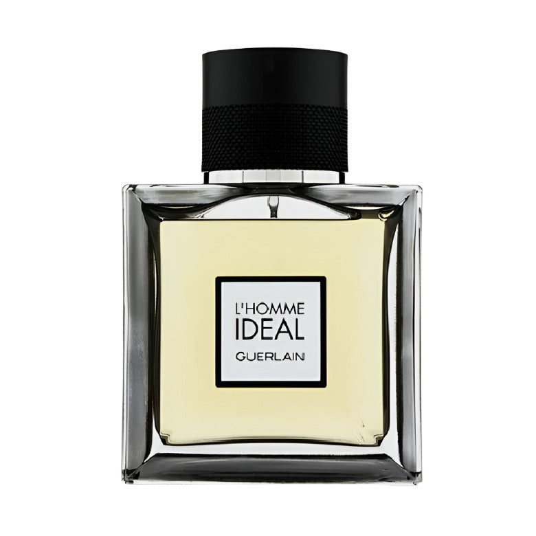 A square-shaped bottle of Guerlain L'Homme Ideal Eau de Toilette with a black cap and clear liquid visible inside.