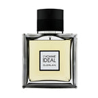 A square-shaped bottle of Guerlain L'Homme Ideal Eau de Toilette with a black cap and clear liquid visible inside.