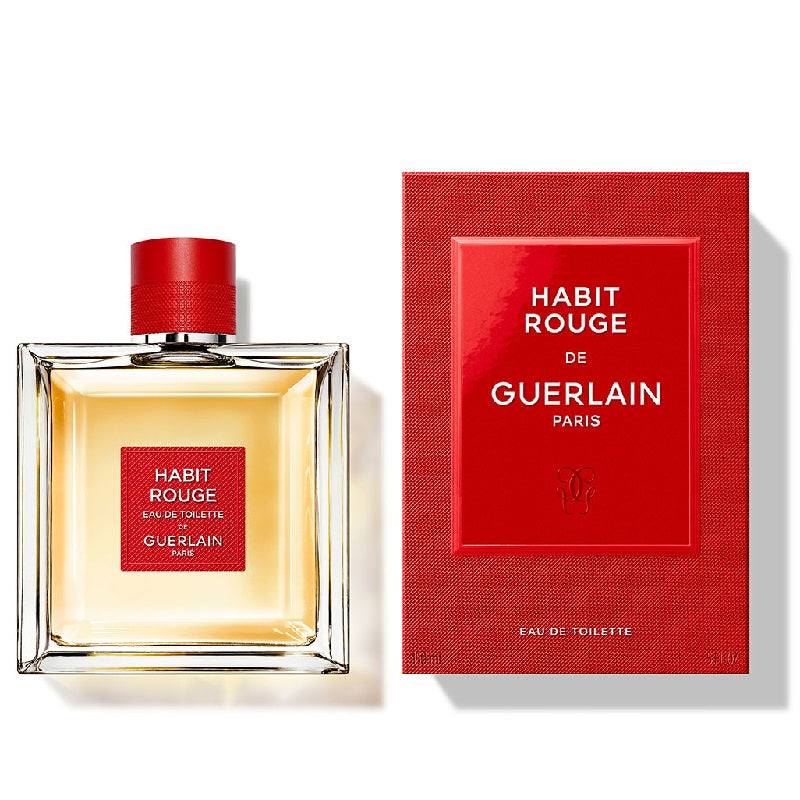 Guerlain Habit Rouge perfume bottle and packaging on a white background