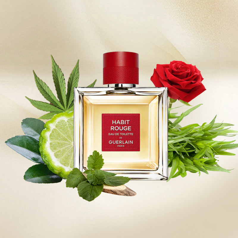 Perfume bottle labeled 'Habit Rouge' by Guerlain with a red rose and green leaves on a beige background