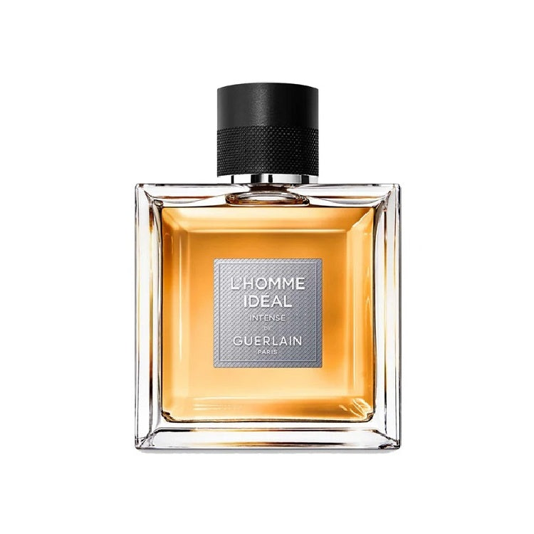 A square-shaped glass bottle of L'Homme Ideal L'Intense Guerlainy eau de parfum with a black cap and a label that includes the product name and brand.