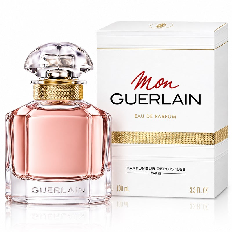 ScentBar Australia Mon Guerlain Eau de Parfum 100ml bottle with pink liquid and matching white perfume box