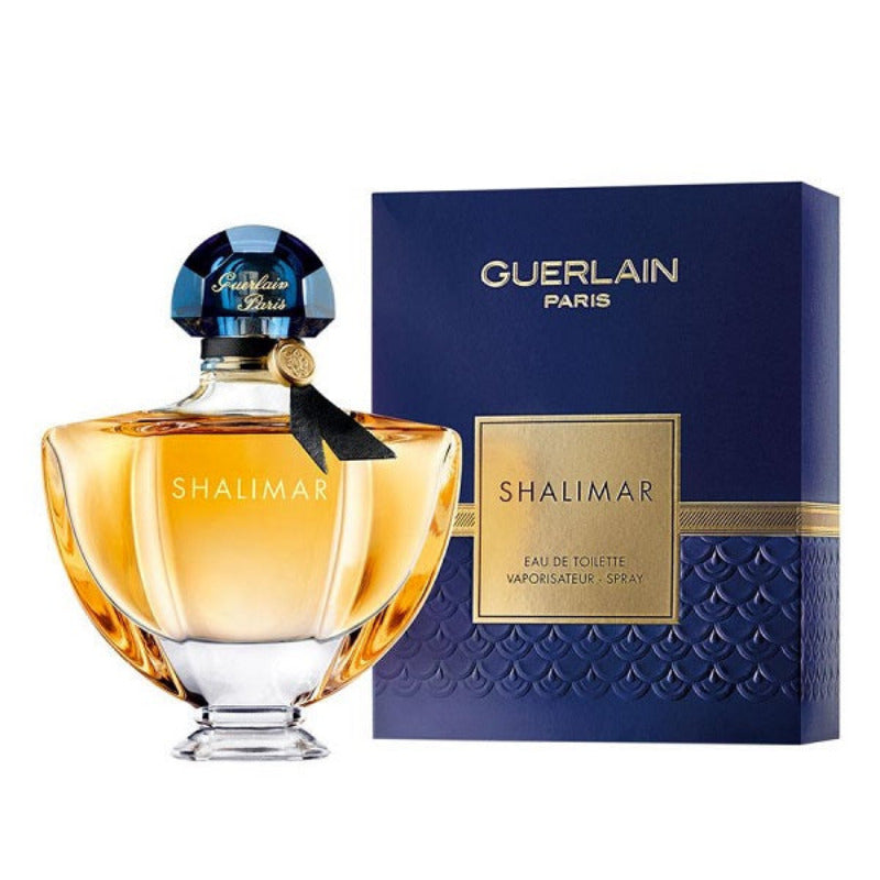 A product image featuring the Shalimar EauDe Toilette by Guerlain, with a 90ml bottle displayed in front of its packaging box.