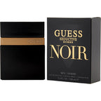 Guess Seductive Noir Eau De Toilette for men in a black bottle with gold details, alongside its packaging box.