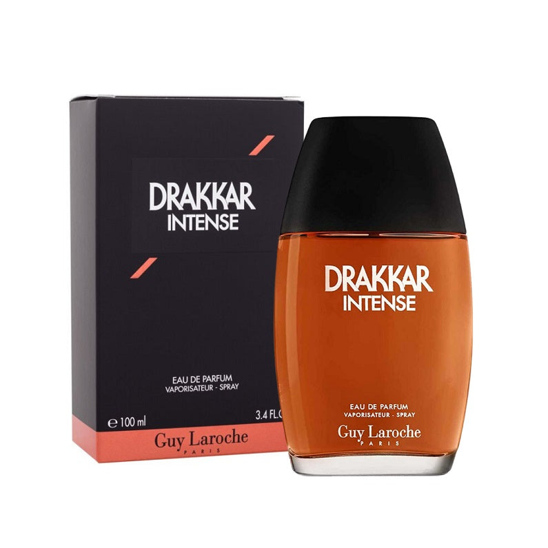 Drakkar Intense Eau de Parfum by Guy Laroche in a 100ml bottle with a black cap, alongside its packaging box.