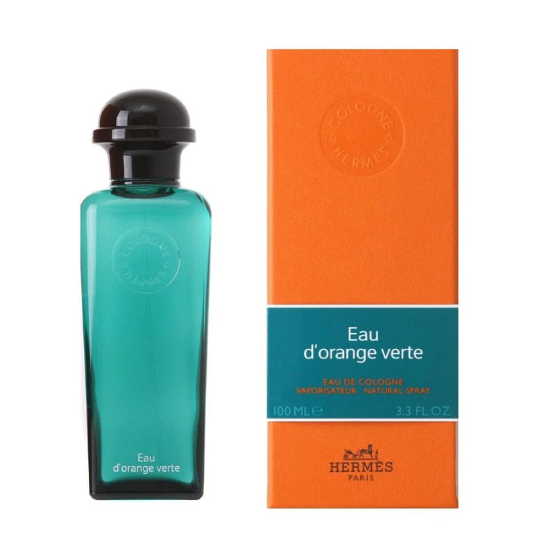 Hermes Eau d'Orange Verte perfume bottle and packaging on a white background