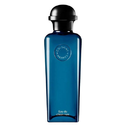 Blue cologne bottle with black cap on a white background