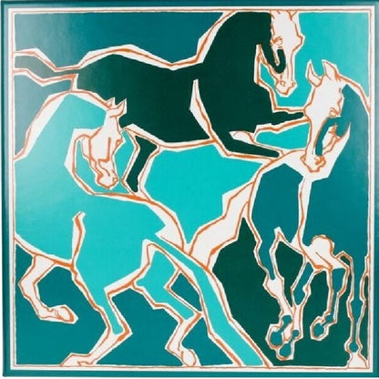 Decorative tile with stylized horse designs on a teal background
