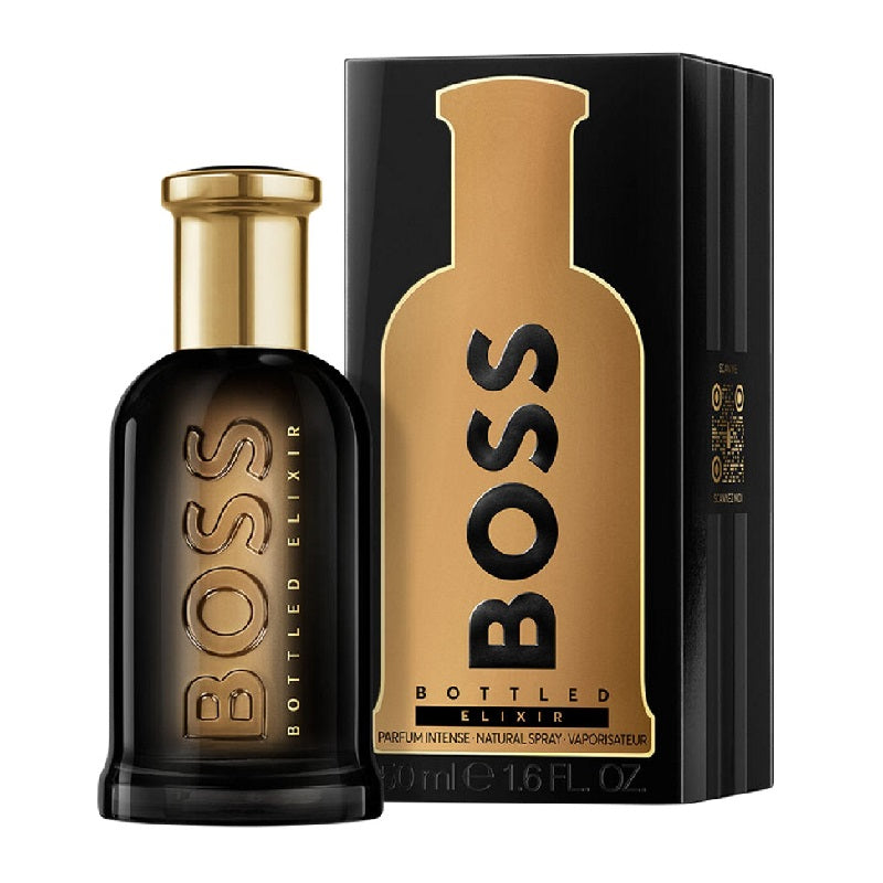 Hugo Boss Boss Bottled Elixer Eau de Parfum bottle and packaging, featuring a black bottle with gold details and a box with product information.