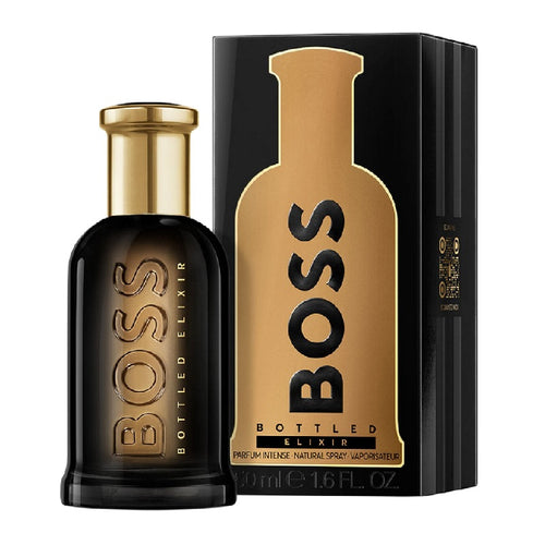 Hugo Boss Boss Bottled Elixer Eau de Parfum bottle and packaging, featuring a black bottle with gold details and a box with product information.