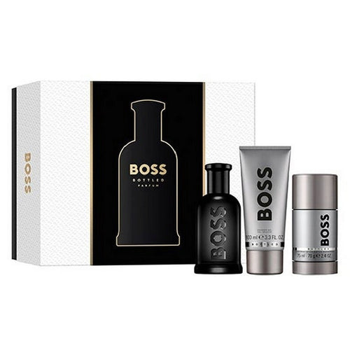 Hugo Boss Boss Bottled Parfum gift set containing a 100ml bottle of eau de parfum, a 100ml shower gel, and a 75ml deodorant stick, packaged in a black and white box with the Boss Bottled design.