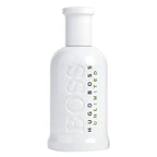 Hugo Boss Unlimited white perfume bottle on a white background