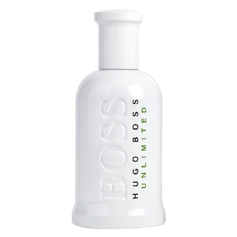 Hugo Boss Unlimited white perfume bottle on a white background